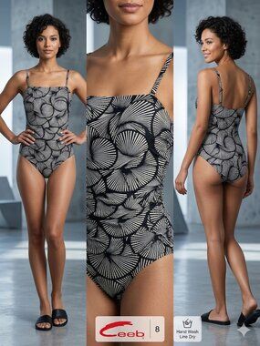 Ceeb Vintage Retro Art Deco Fan Gold Dot Ruched One Piece Swimsuit Size 8